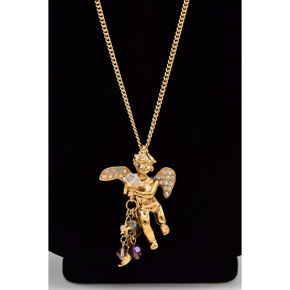Vintage Kirks Folly Angel Fairy Necklace Gold Crystal Charm Pendant Signed Bin3D